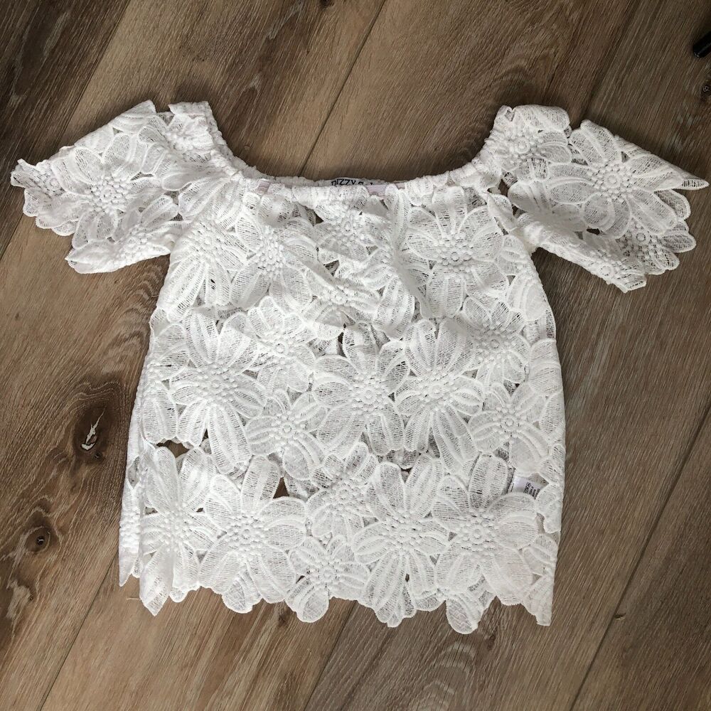 Dizzy Gal Womens White Lace Boho Off the Shoulder Fairy Cottagecore Top‎ Sz M